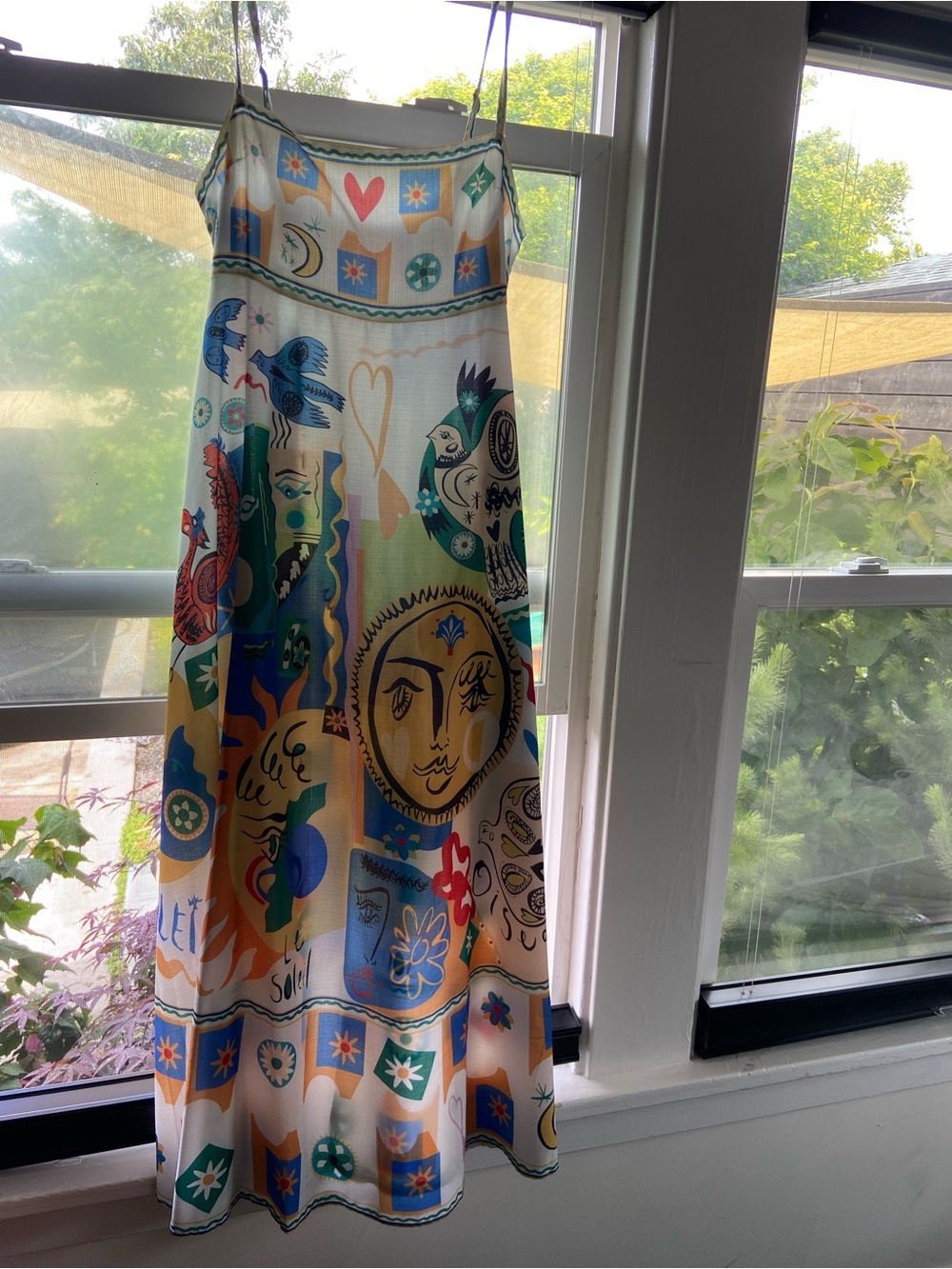 Anthropologie White Maxi Dress with Multicolor Sun & Motif Print